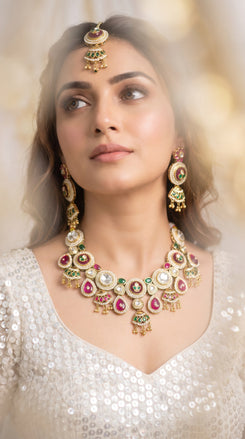 Red Green and White Multi Stone Heritage Cluster Drops Kundan Necklace Set side view, Cunei India