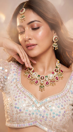 Red Green and White Multi Stone Heritage Cluster Drops Kundan Necklace Set detail, Cunei India