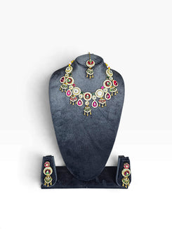 Red Green and White Multi Stone Heritage Cluster Drops Kundan Necklace Set product photo, Cunei India