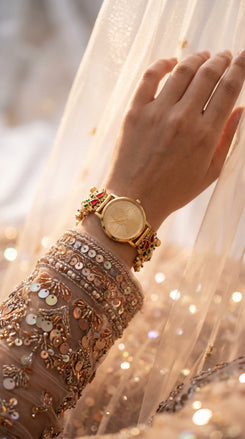 Red Green and White Pearl Ethnic Wrist Watch detail, Cunei India