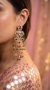 Red Green and White Kundan Cascading Hanging Earrings side view, Cunei India
