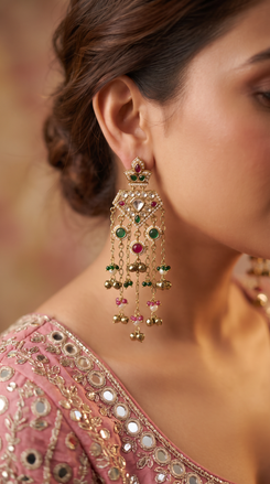 Red Green and White Kundan Cascading Hanging Earrings product photo, Cunei India