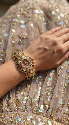 Red, Green and White Kundan Studded CZ Crystal Watch for Women, detail, Cunei India