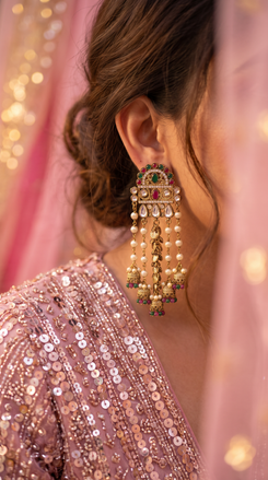 Red, Green, and White Pearl Ethnic Hanging Earrings detail, Cunei India