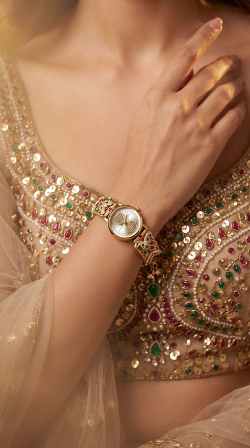 Imperial Red, Green and White Peacock Dial Enamel Pearl Watch, for women, Cunei India