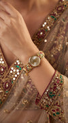 Imperial Red, Green and White Peacock Dial Enamel Pearl Watch, product photo, Cunei India