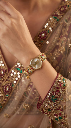 Imperial Red, Green and White Peacock Dial Enamel Pearl Watch, product photo, Cunei India