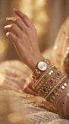 Imperial Red, Green and White Peacock Dial Enamel Pearl Watch, detail, Cunei India