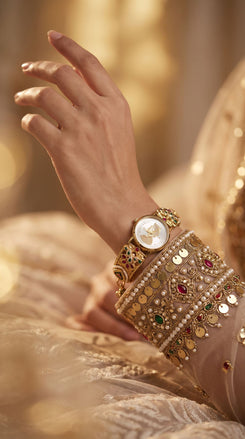 Imperial Red, Green and White Peacock Dial Enamel Pearl Watch, detail, Cunei India