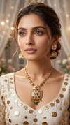 Red Green and White Square Kundan Pendant Pearl Stud Necklace Set