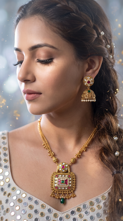 Red Green and White Square Kundan Pendant Pearl Stud Necklace Set - view 2