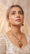 Red Green and White Square Kundan Pendant Pearl Stud Necklace Set - view 3
