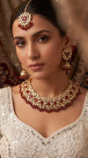 Red and White Kundan Crystal Beaded Necklace Set side view, Cunei India