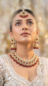 Red and White Kundan Crystal Beaded Necklace Set detail, Cunei India