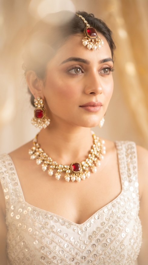 Red and White Three Piece Square Stone Cluster Necklace Set