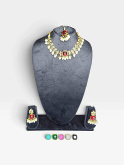 Red and White Three Piece Square Stone Cluster Necklace Set - view 3
