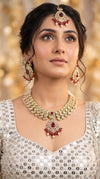 Red and White Stone Drop Pendant Kundan Necklace Set side view, Cunei India