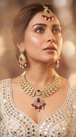 Red and White Stone Drop Pendant Kundan Necklace Set detail, Cunei India