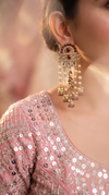 Red and White Pearl Cascading Dangling Earrings side view, Cunei India