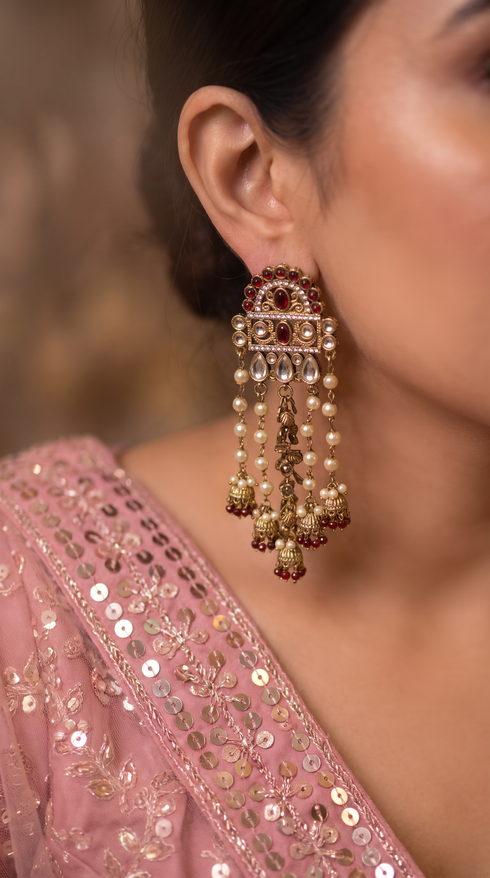 Red and White Pearl Cascading Dangling Earrings product photo, Cunei India