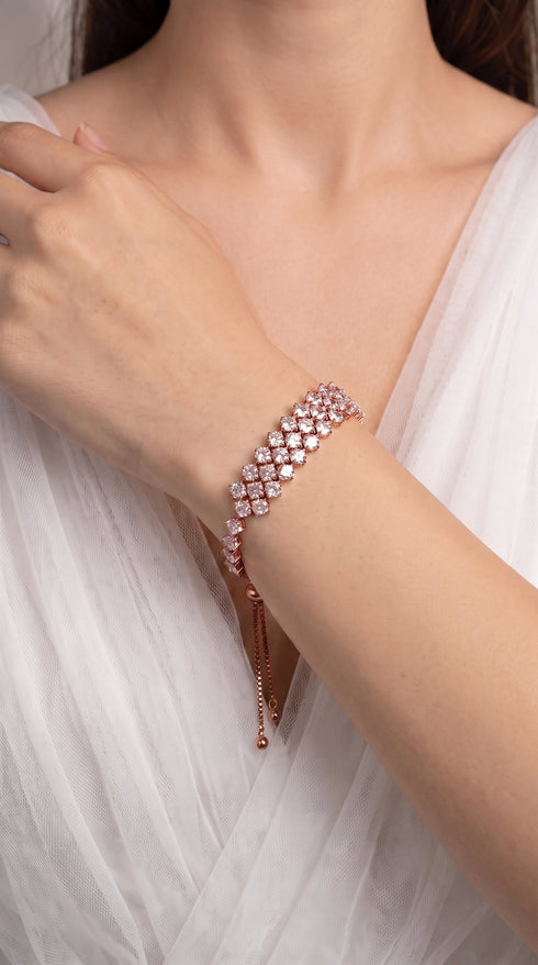 Rose Gold Three Row Stone Tennis Bracelet for Women - Party & Wedding Wear