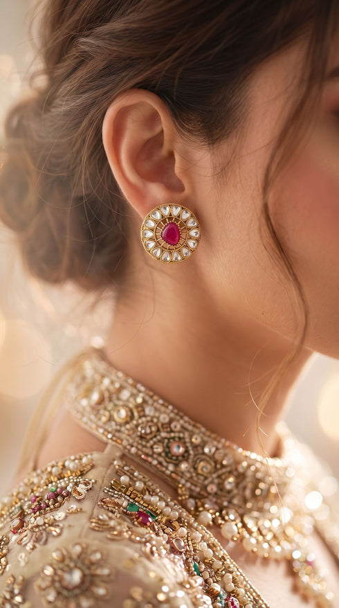 Round Magenta Kundan Stud Earrings for Women