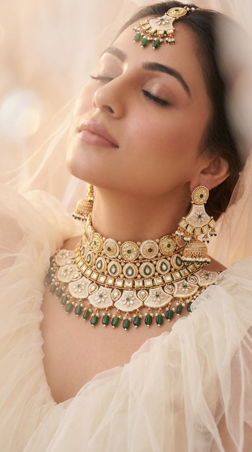 Royal Green Kundan Choker Necklace Earrings Maang Tikka Set