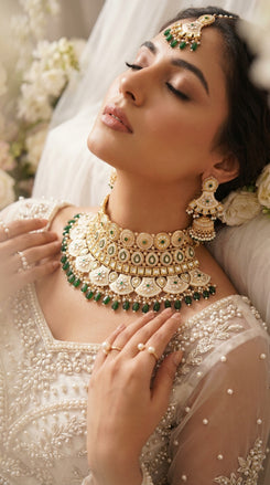 Royal Green Kundan Choker Necklace Earrings Maang Tikka Set - view 2