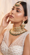 Royal Green Kundan Choker Necklace Earrings Maang Tikka Set - view 4