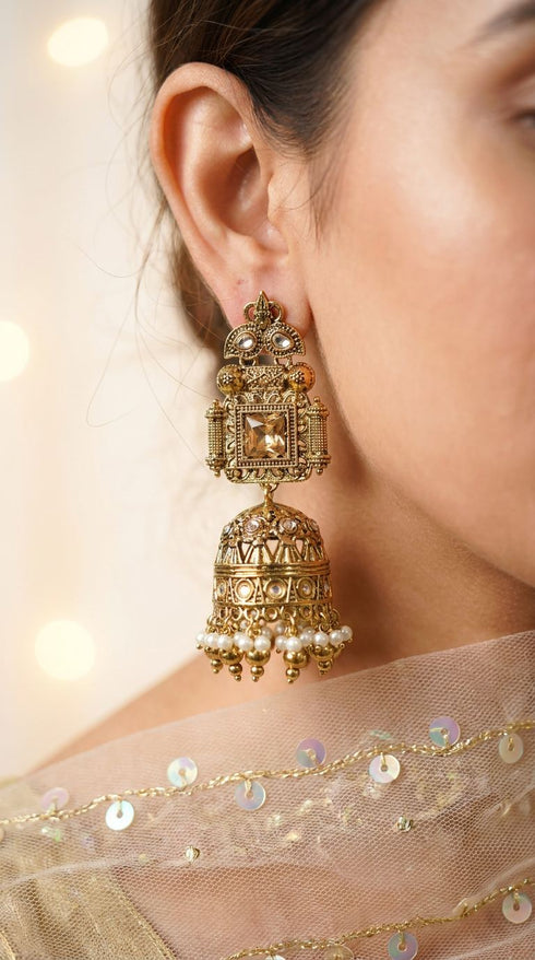 Royal Temple Champagne Earrings for women, Cunei India
