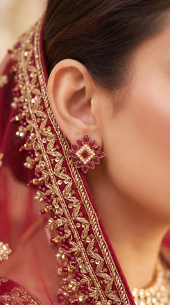 Ruby Red and Pearl White Pearl Floral Stud Earrings product photo, Cunei India