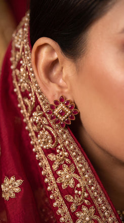 Ruby Red and Pearl White Pearl Floral Stud Earrings detail, Cunei India