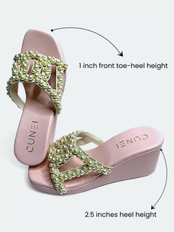 Salmon Pink Pearl Motif Wedges - Wedges