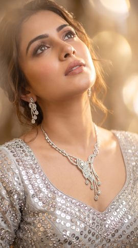 Silver Clear Cascading Leaf Pendant Cz Necklace Set for Women, Cunei India
