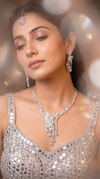 Silver Clear Cascading Leaf Pendant Cz Necklace Set side view, Cunei India