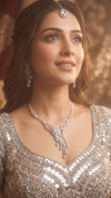 Silver Clear Cascading Leaf Pendant Cz Necklace Set product photo, Cunei India