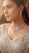 Silver Clear Double Strand Leaf Motif Cz Necklace Set for Women, Cunei India