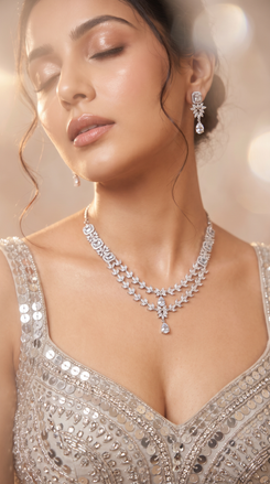 Silver Clear Double Strand Leaf Motif Cz Necklace Set product photo, Cunei India