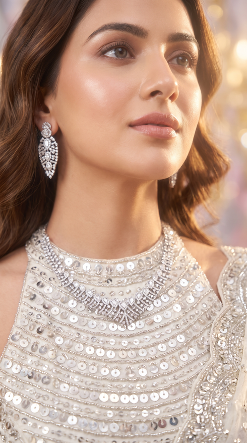 Silver Clear Leaf Motif Cascading Cz Necklace Set for Women, Cunei India