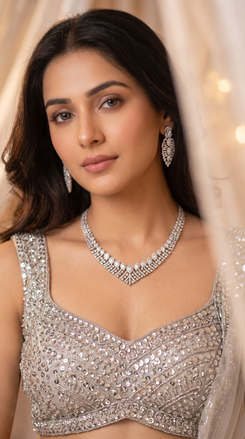 Silver Clear Leaf Motif Cascading Cz Necklace Set side view, Cunei India