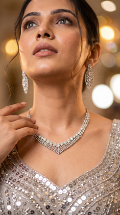 Silver Clear Leaf Motif Cascading Cz Necklace Set on white, Cunei India