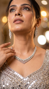 Silver Clear Leaf Motif Cascading Cz Necklace Set on white, Cunei India