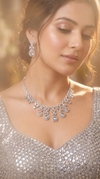 Silver and Clear Teardrop Cluster Drops Cz Necklace Set side view, Cunei India