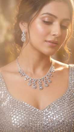 Silver and Clear Teardrop Cluster Drops Cz Necklace Set side view, Cunei India