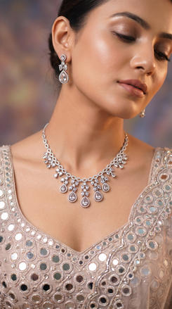 Silver and Clear Teardrop Cluster Drops Cz Necklace Set product photo, Cunei India