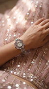 Silver Floral Wrist Watch side view, Cunei India
