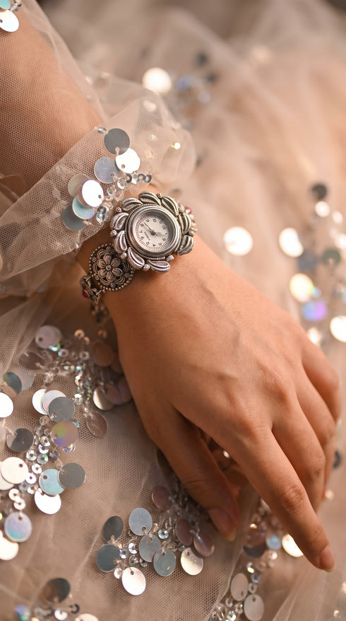 Silver with Pink Accents Crystal Floral Bracelet Watch product photo, Cunei India
