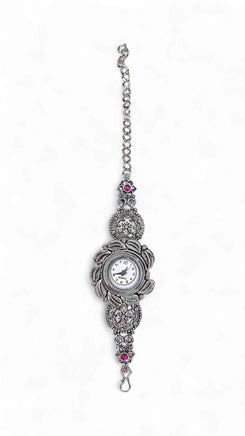 Silver with Pink Accents Crystal Floral Bracelet Watch for women, Cunei India
