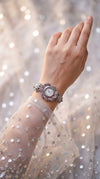 Silver with Pink Accents Crystal Floral Bracelet Watch side view, Cunei India