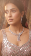 Silver and Pink Cascading Cz Tassel Drops Necklace Set side view, Cunei India